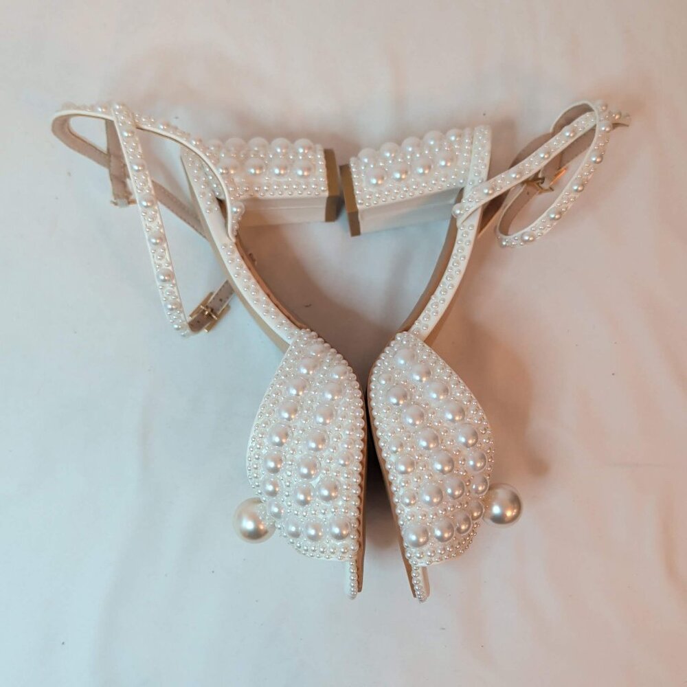 Sacaria Pearl Embellished Strappy Wedding Block Heels - Picture 4 of 11